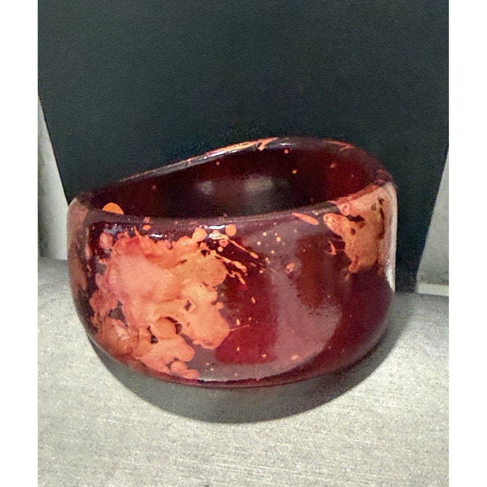 Chunky Burgundy Red Orange Marbled Splash Resin Wide Cuff Bangle Bracelet 8"